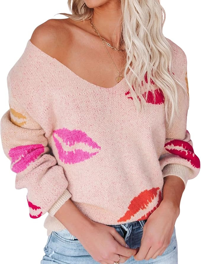 Amazon.com: Sexyasasii Winter Sweaters for Women 2022 Long Sleeve V Neck Kiss Lips Print Valentin... | Amazon (US)