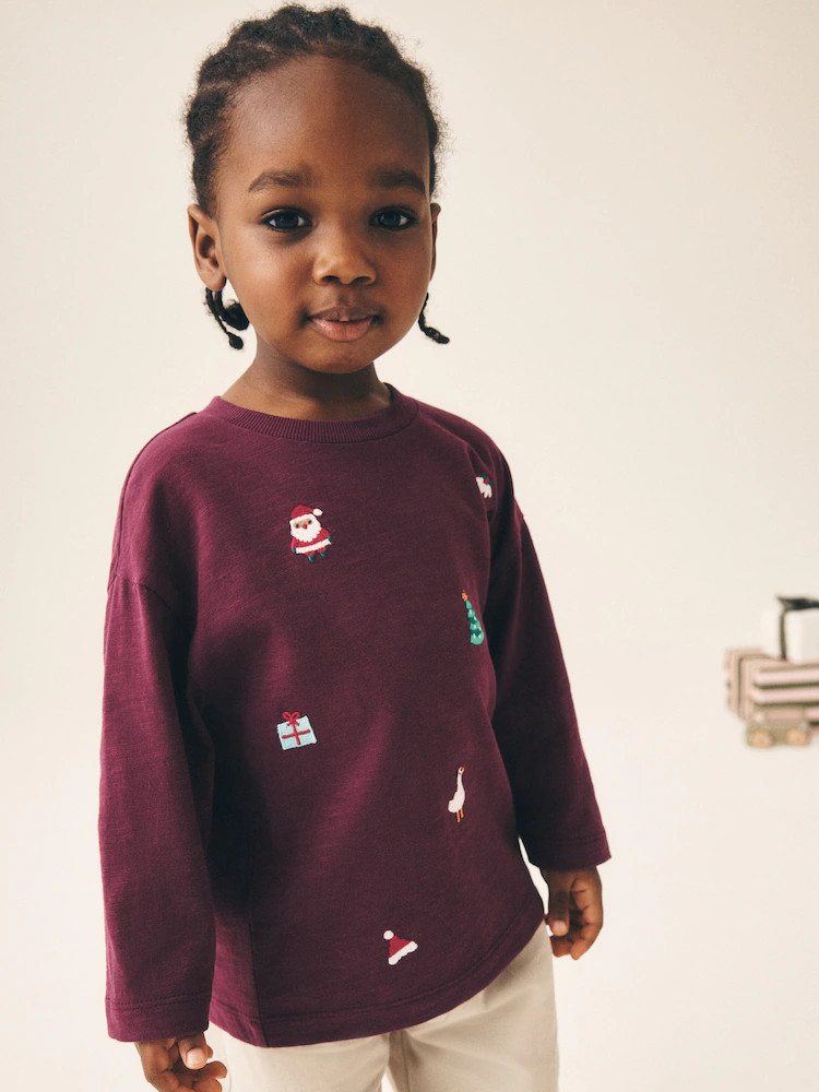 Berry Red All over Embroidered Long Sleeve Christmas T-Shirt (3mths-7yrs) | Next US