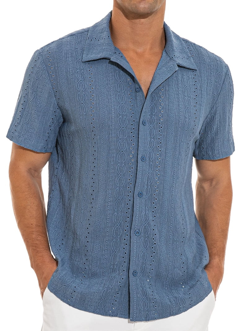 Iceglad Men's Casual Button Down Shirts Short Sleeve Shirts Vacation Beach Summer Hollow Out Tops | Walmart (US)