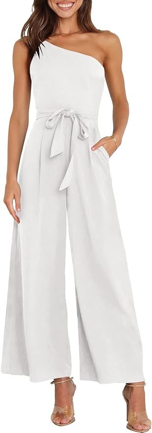 Caracilia Women's Summer Dressy One Shoulder Strap Tie Waist Zipper Back Wide Leg Jumpsuit Romper... | Amazon (US)