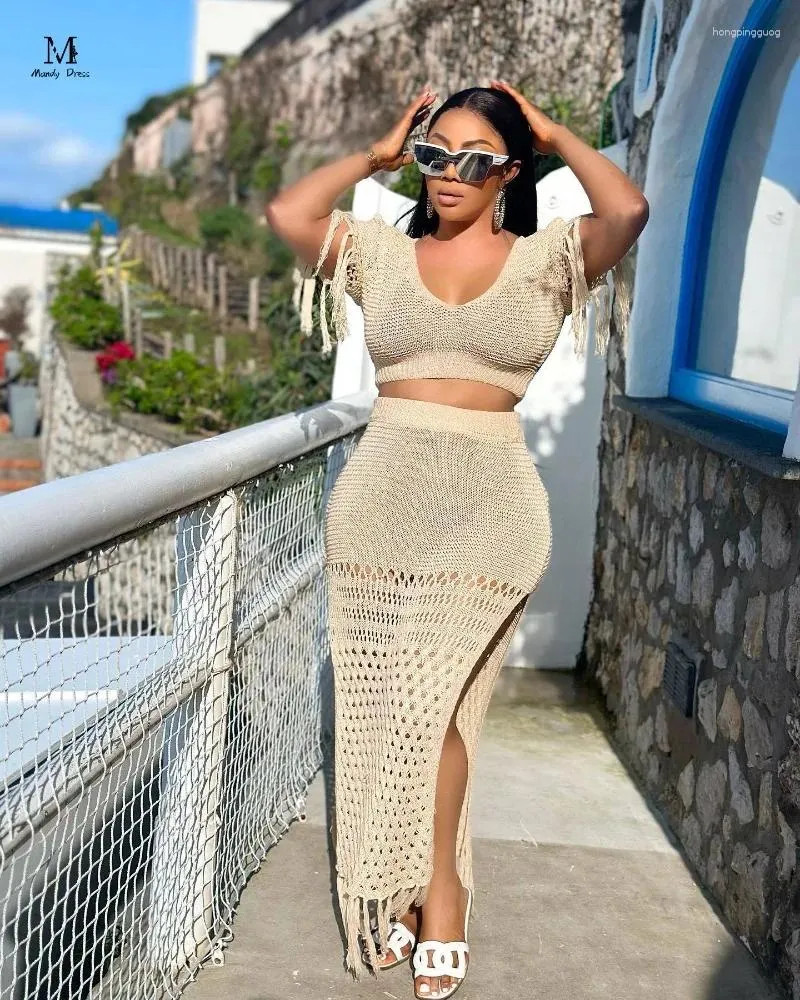 Work Dresses Sexy Women Hand Crochet Set Knit Tassels Crop Tops And Skirt Outfits Summer Holiday ... | DHGate