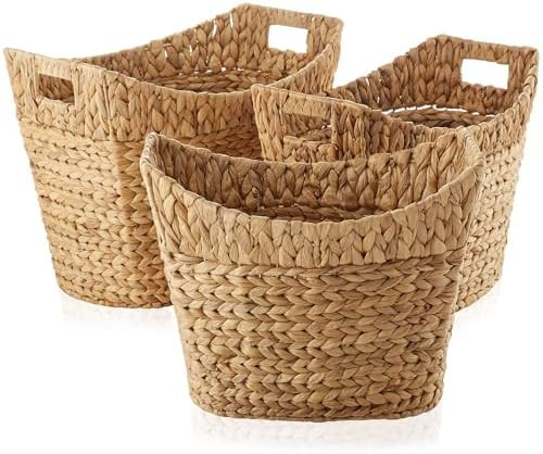Casafield Set of 3 Stackable Oval Laundry Baskets with Handles - Natural, Woven Water Hyacinth St... | Amazon (US)