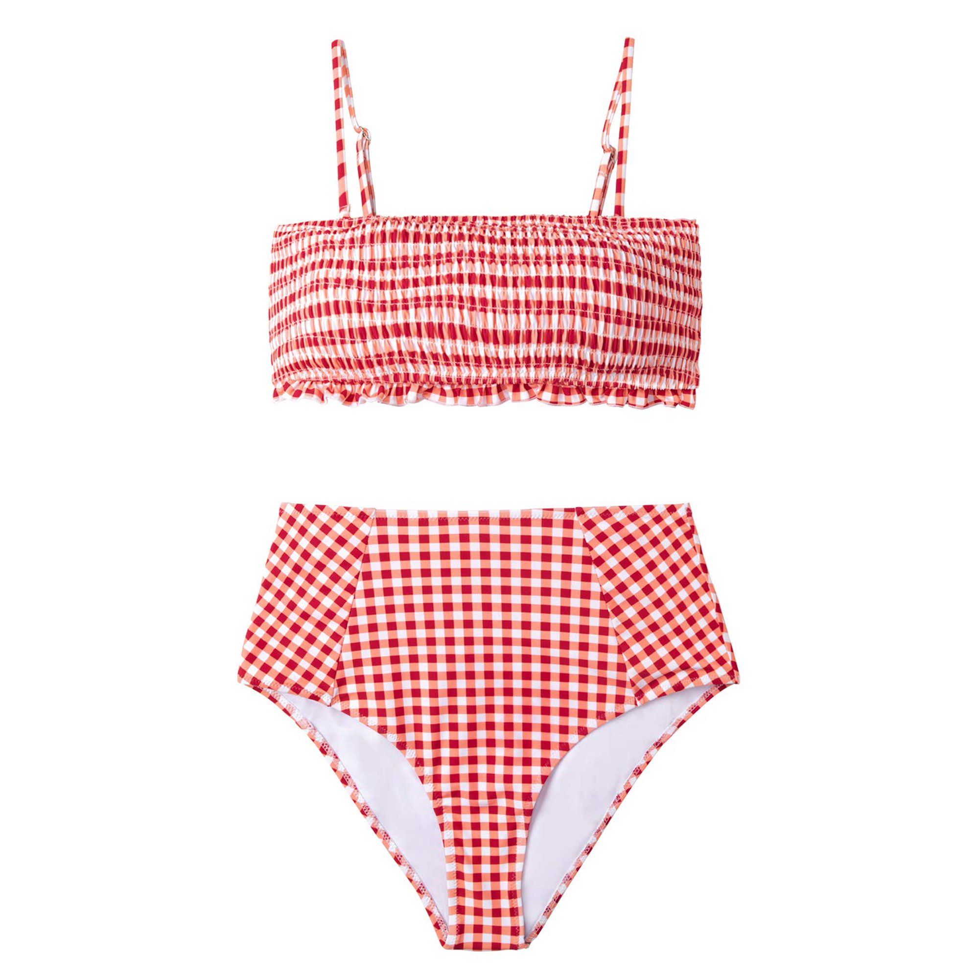 Women's Red Gingham Smocked High Waisted Two Piece Bikini Swimsuit Set Bandeau Top | Seaselfie by... | Walmart (US)