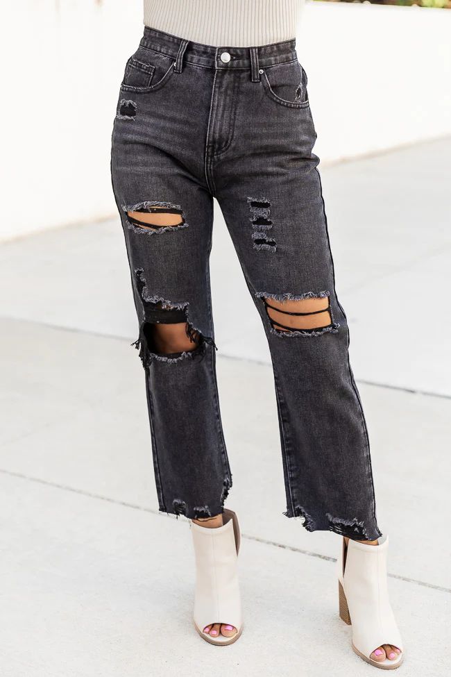 Emery Black Distressed Raw Hem Straight Leg Jeans | Pink Lily