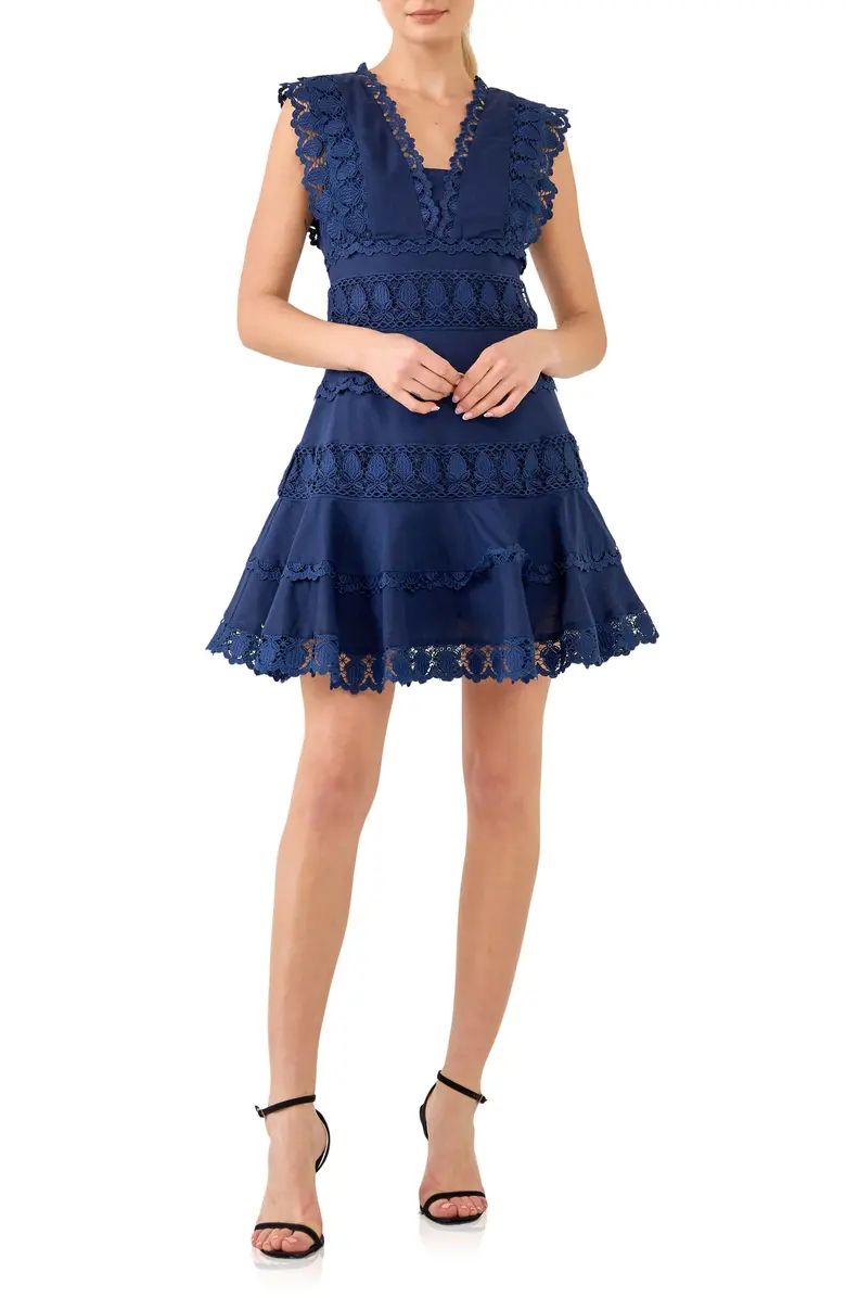 Plunge Neck Tiered Lace Linen & Cotton Dress | Nordstrom