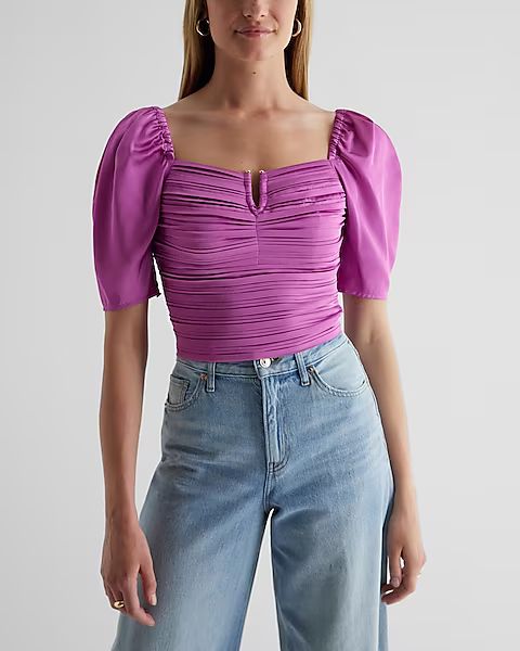 Satin V-Bar Puff Sleeve Ruched Pleated Top | Express