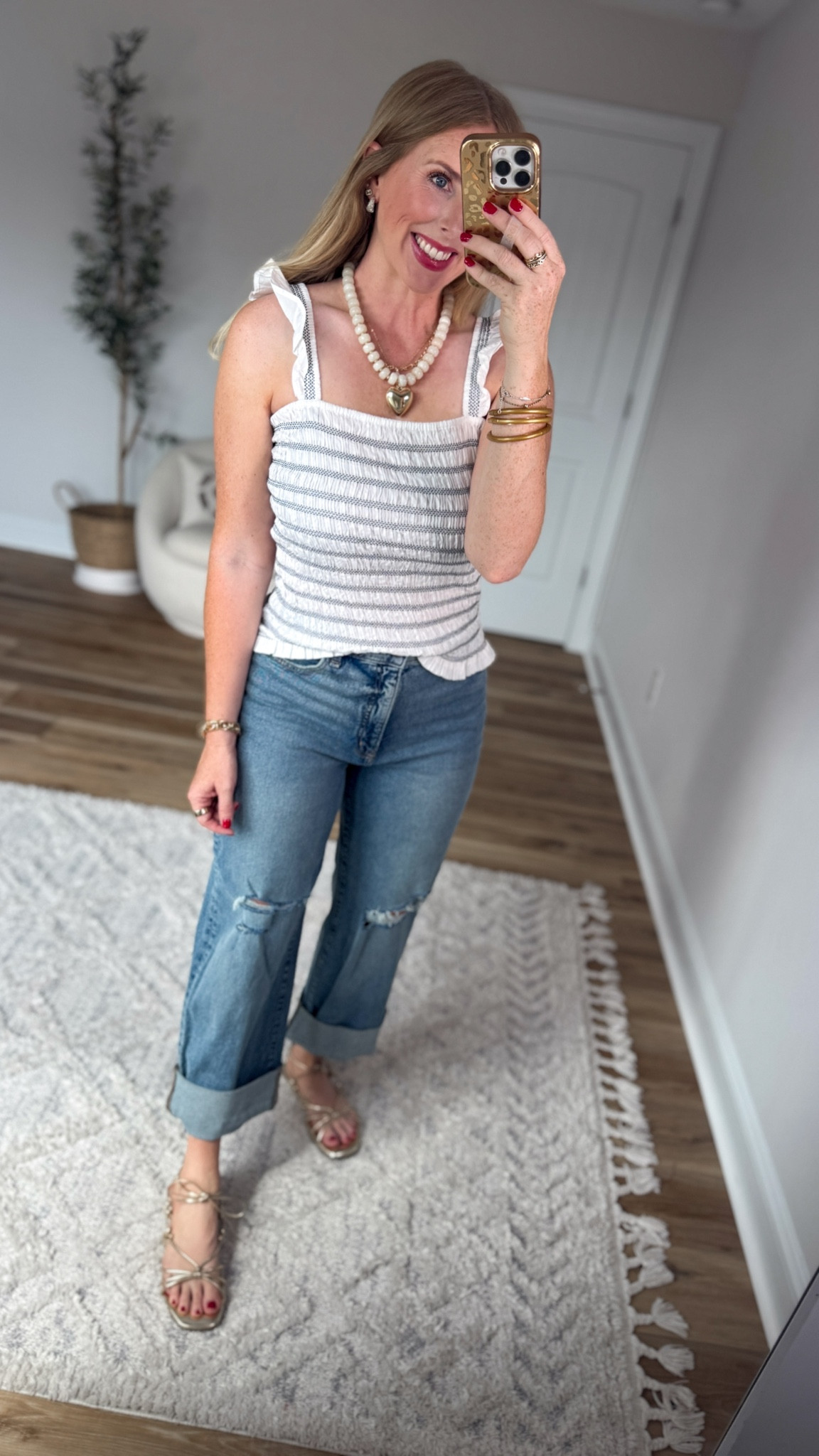 Weekend Walmart Wins try on
Smocked tank with ruffle strap- small
Boyfriend jeans- if between, go down

#LTKootd #LTKmomlife