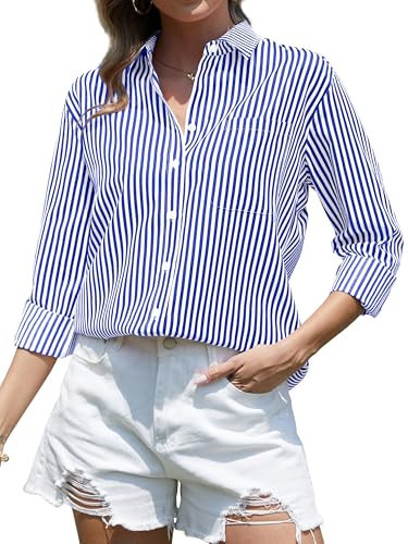 CUNLIN Womens Blue Button Down Striped Shirt for Women Blouses & Button-Down Shirts Long Sleeve Collared Women's Top Tops Navy Blue Size S | Amazon (US)