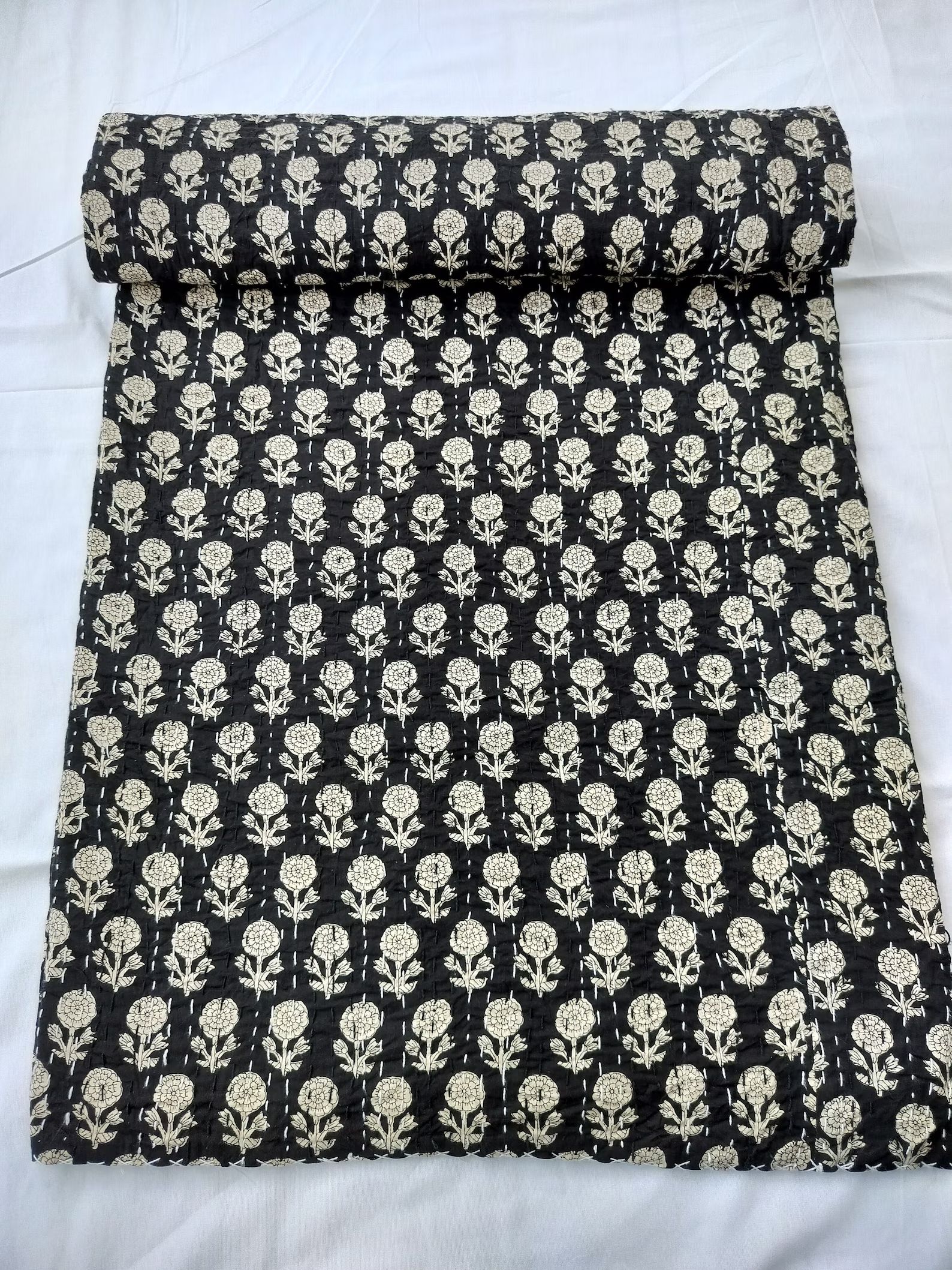 Black Color Indian Kantha Quilt Reversible Kantha Throw Hand Block Print Indian Bedspread Queen K... | Etsy (US)