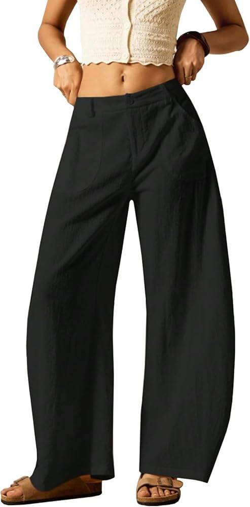 Baggy Barrel Pants Women Cotton Linen Summer Palazzo Pants Casual Wide Leg Trousers with Pockets | Amazon (US)