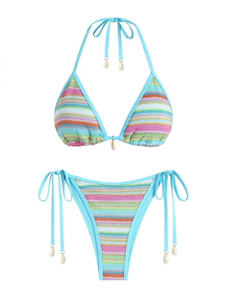 ZAFUL Women's Colorblock Stripes Triangle Halter Tied Cheeky Thong Bikini Set High Cut Two Piece ... | Amazon (US)