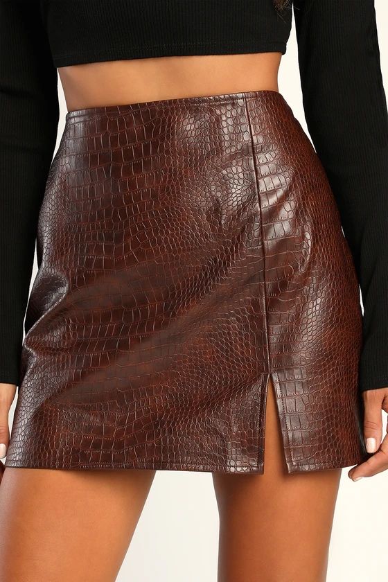 Croc 'n' Roll Chocolate Brown Vegan Leather Mini Skirt | Lulus (US)