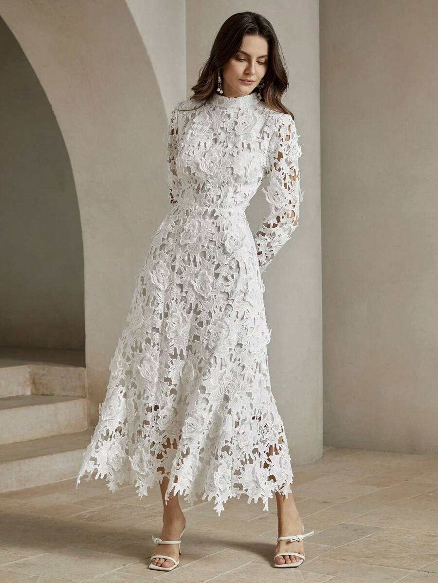 Anewsta Women's White Long Sleeve Lace Hollow Out Dress For Holiday Party Clothes Maxi Women Outf... | SHEIN