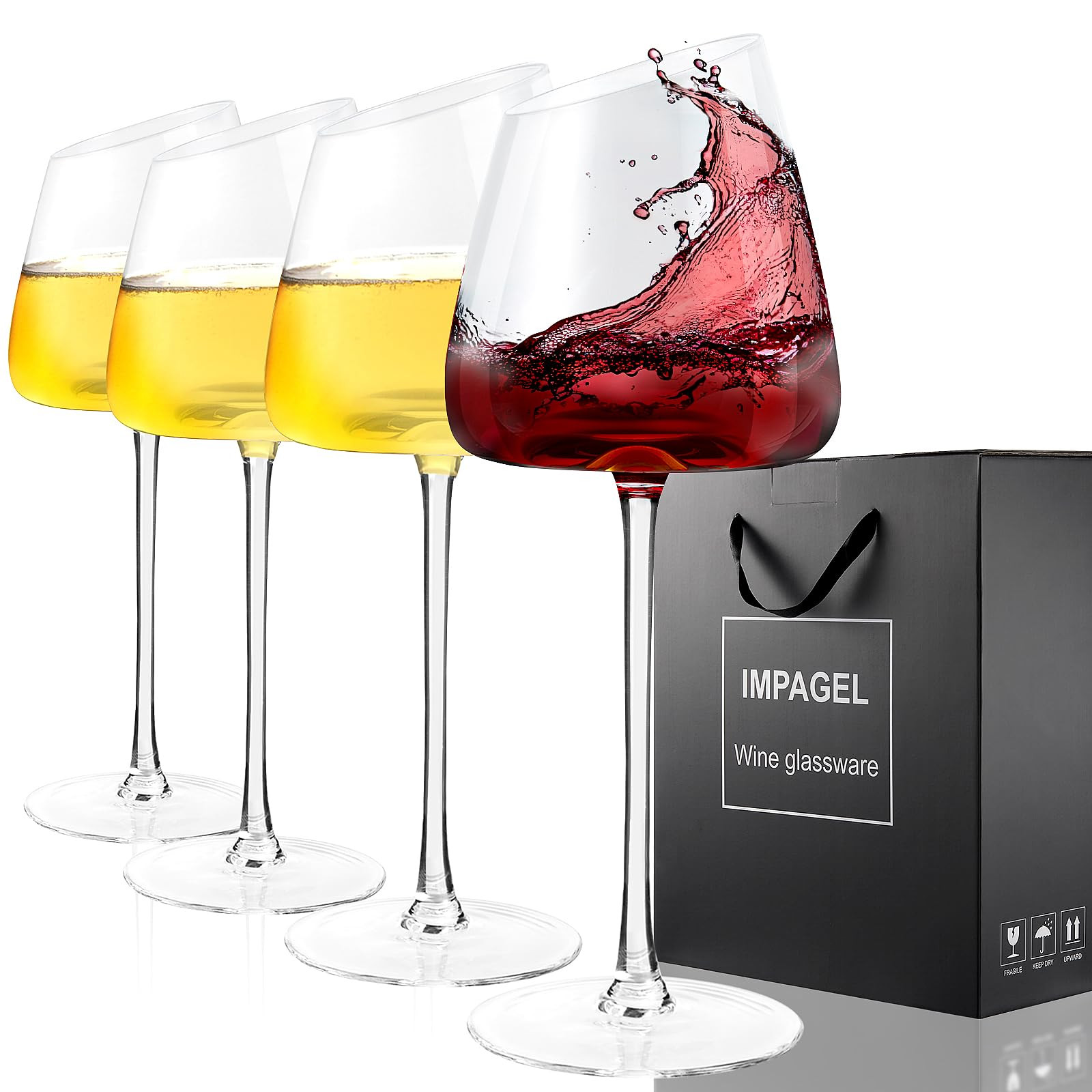 Slanted Red/White Wine Glasses, Set of 4, Elegant Hand-Blown Long Stem Wine Glasses with Unique C... | Amazon (US)
