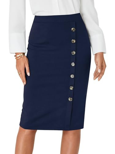 LYANER Women's Button Stretch Casual Pencil Skirt Navy Blue Small | Amazon (US)