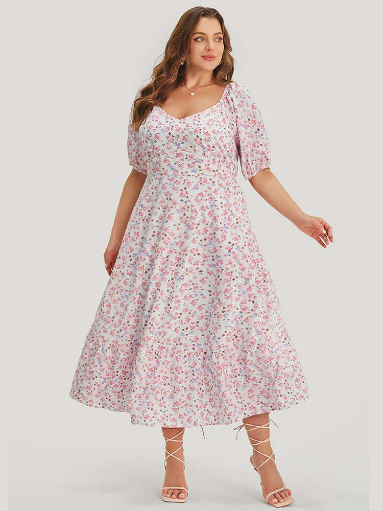 Ditsy Floral Puff Sleeve Pocket V Neck Ruffle Hem Dress | Bloomchic