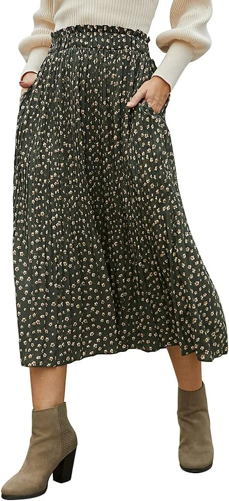 EXLURA Womens High Waist Polka Dot Pleated Maxi Long Skirt Floral Midi Swing Skirt Boho Beach Vac... | Amazon (US)
