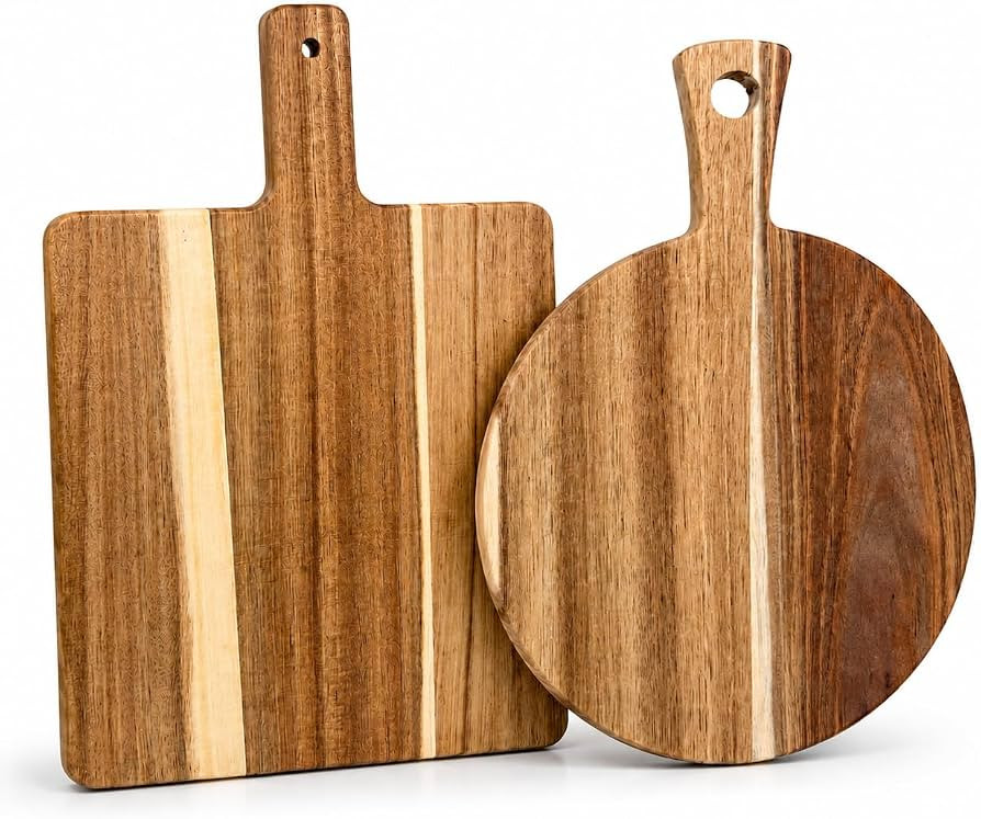 Acacia Wood Cutting Boards with Handle Set of 2, Charcuterie Boards for Cheese, Pizza, Bread, Ste... | Amazon (US)