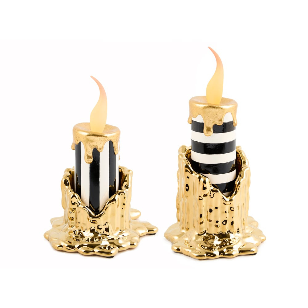 Haunted House Gold Holder & Illuminated Striped Candles Set | MacKenzie-Childs