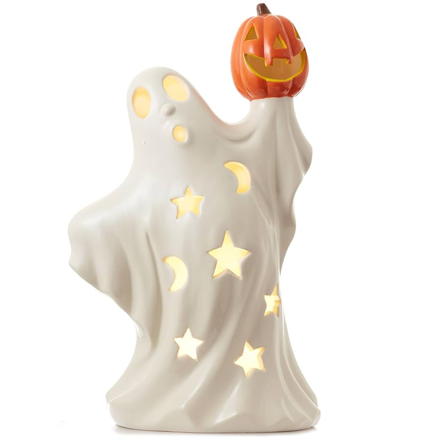 Casafield Ceramic Halloween Spooky Ghost, Hand Painted Pre-Lit LED Ghost with Jack-o-Lantern Tabl... | Amazon (US)