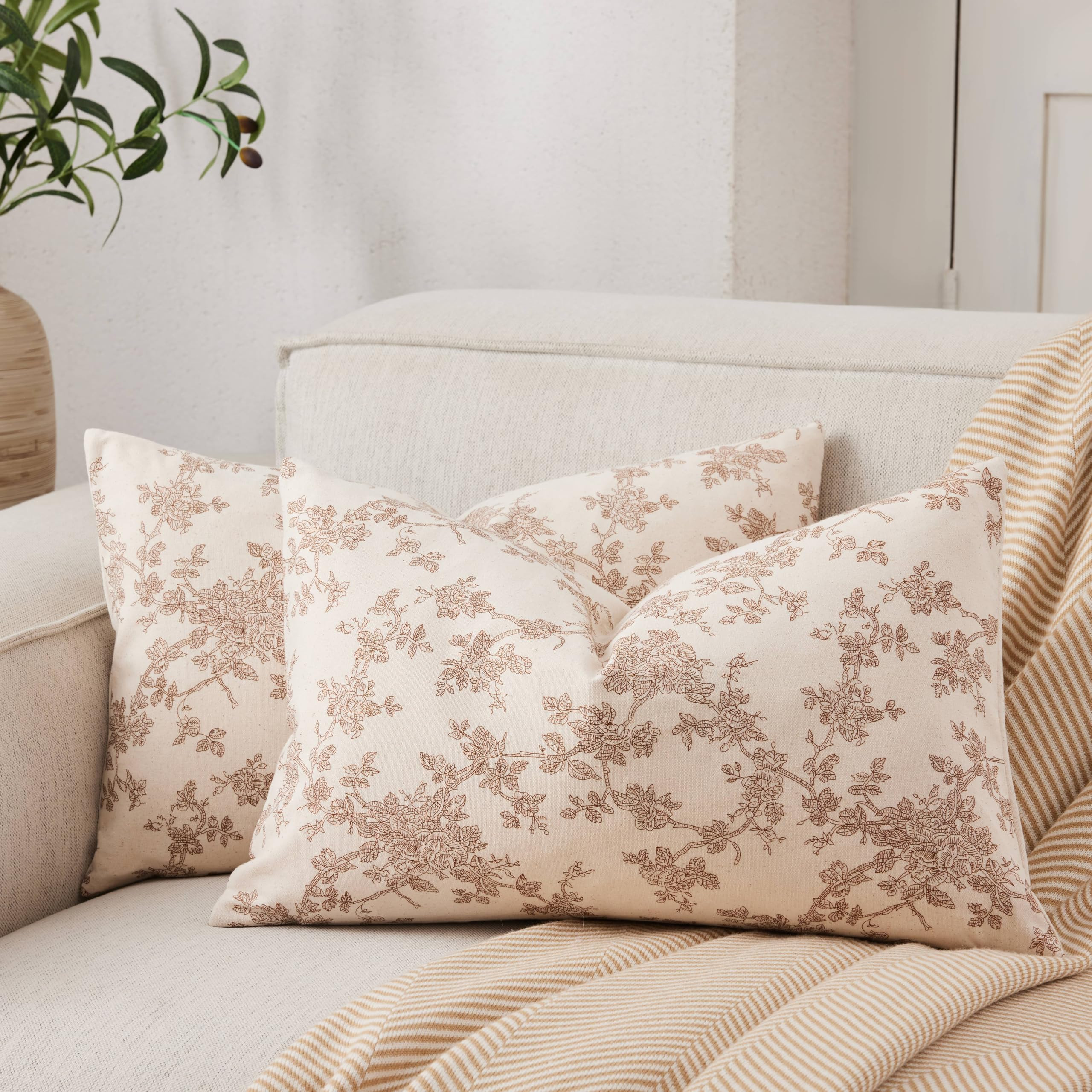 100% Cotton French Pastoral Lumbar Throw Pillow Covers Set of 2, 12x20 Inch Brown Farmhouse Decor... | Amazon (US)