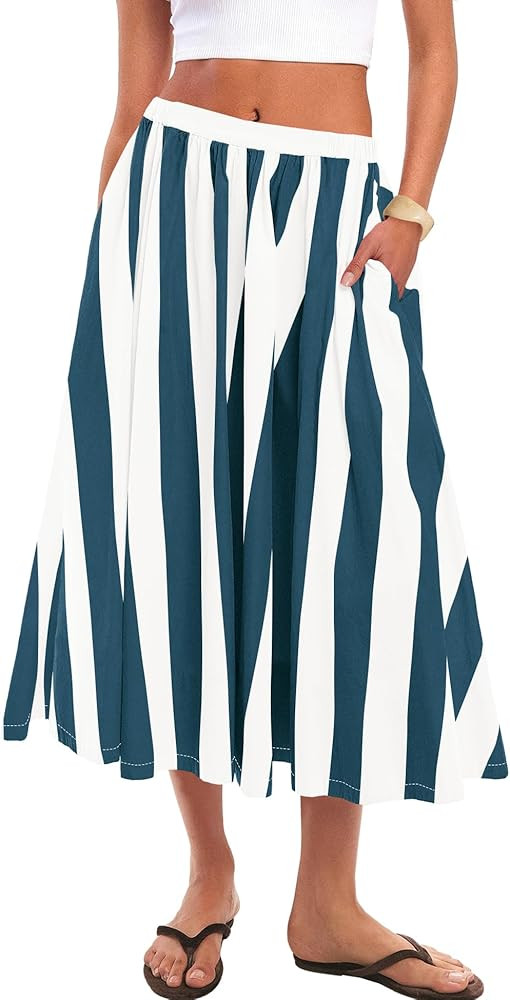 Panadila Womens Striped Midi Skirt Summer Beach Long Flowy Skirts Elastic High Waisted A Line Ski... | Amazon (US)