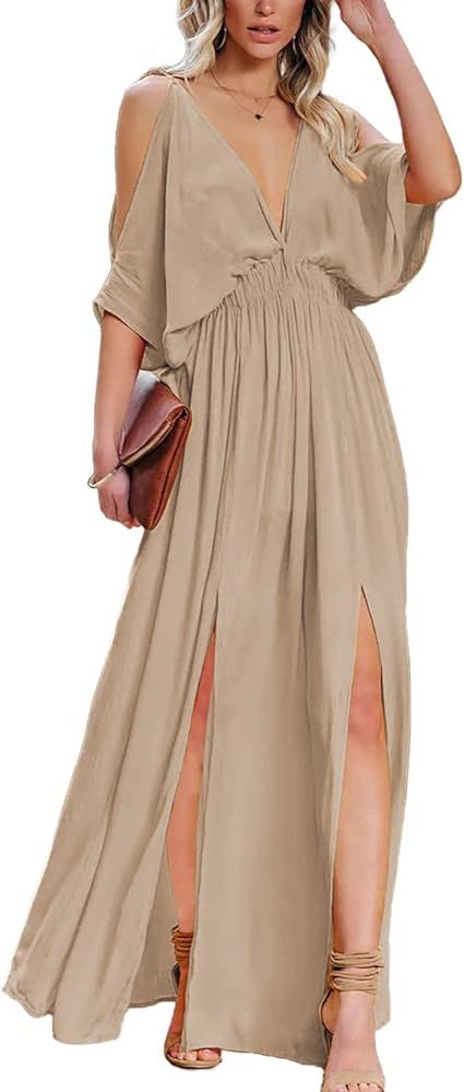 DEEP SELF Women Summer V Neck Cold Shoulder Short Sleeve Maxi Dress High Waist Split Wedding Gues... | Amazon (US)