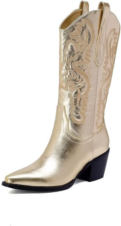 CATISDRA Women's Vintage Boots Pointed Toe Chunky Heel Boots Shiny Embroidered Mid Boots Fashion ... | Amazon (US)