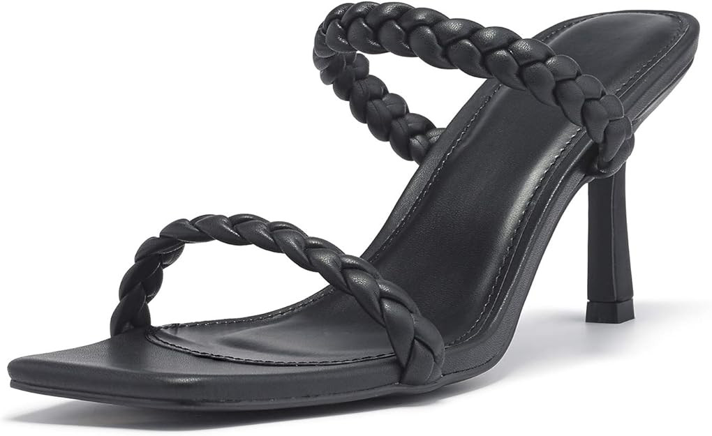 Womens Square Open Toe Braided Heeled Mules Sandals Strappy Slip On Stiletto Heels | Amazon (US)