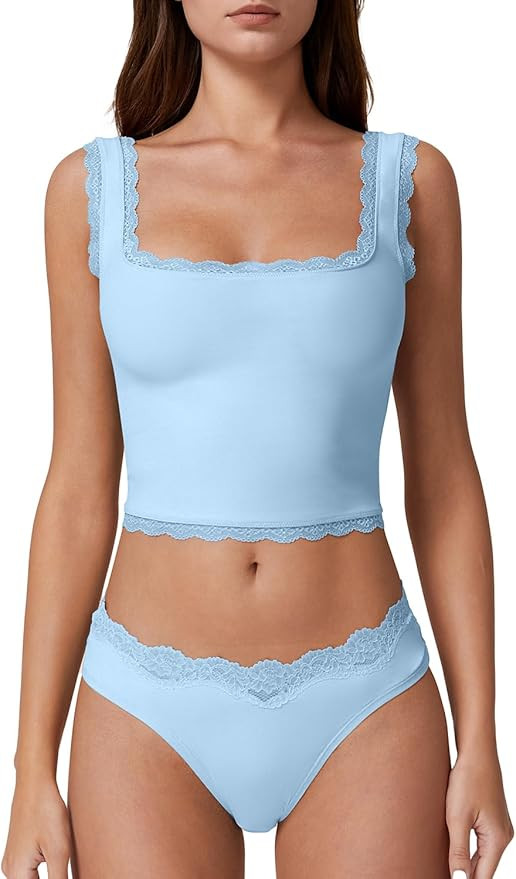 QINSEN Womens Square Neck Lace Trim Tank Tops Double Lined Slim Fit Summer Going Out Y2k T Shirts | Amazon (US)