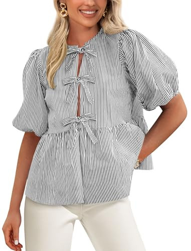 PRETTYGARDEN Women's Tie Front Striped Shirt 2026 Summer Trendy Fashion Cute Babydoll Tops Peplum... | Amazon (US)