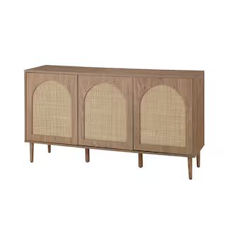 Mercury Contemporary 56 in. Wide Rattan 3-Doors Oak Storage Sideboard with adjustable legs and Sh... | The Home Depot