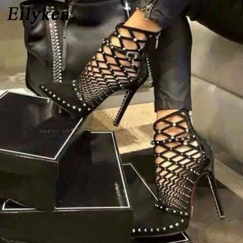 Eilyken Gladiator Sandals Summer Spring Pointed Toe Rivets Studded Cut Out Caged Ankle Boots Stil... | DHGate
