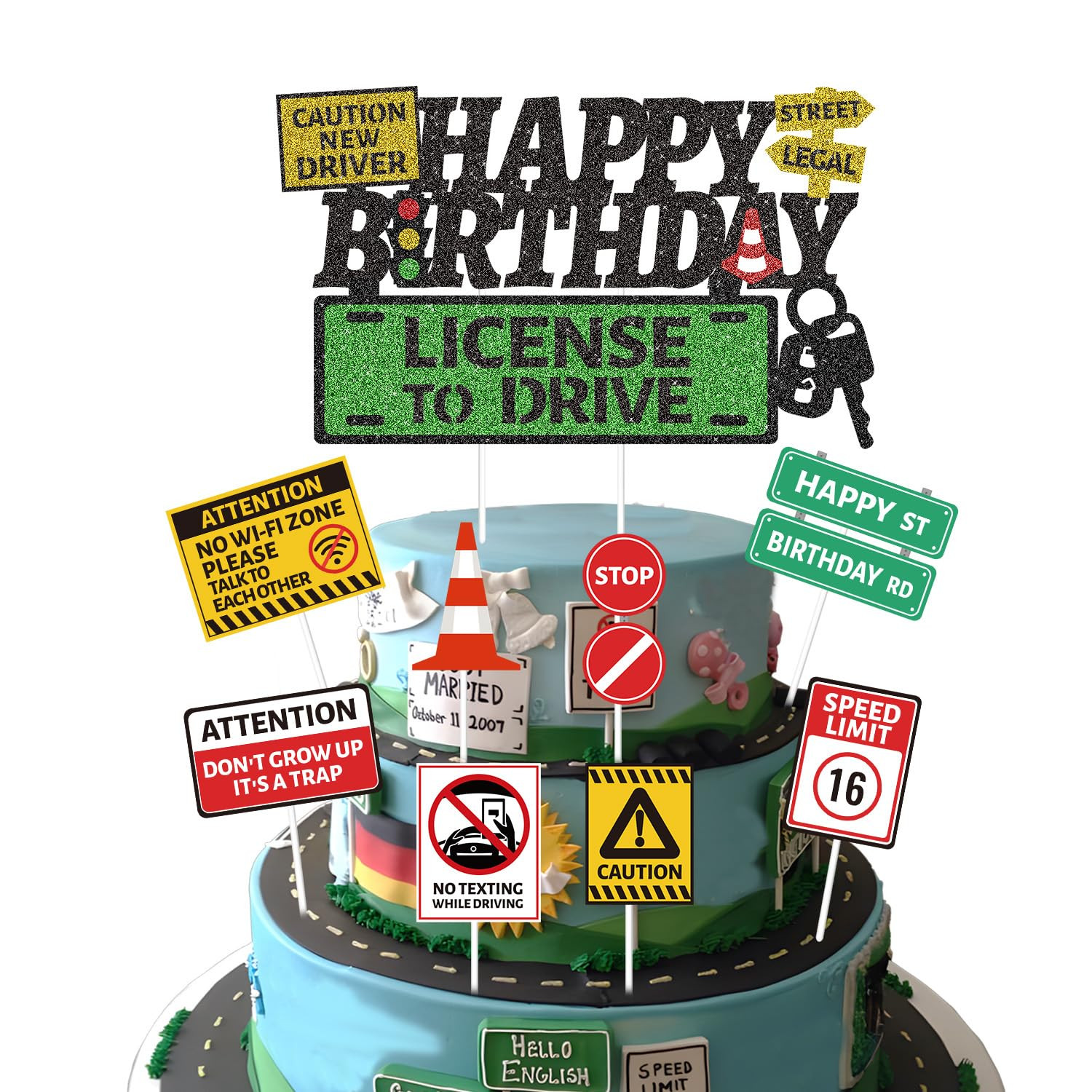Drivers License Birthday Cake Decorations - Wxiben 16th Birthday Decorations for Boys Driver License Cake Toppers Car Road Signs Theme Party Cake Decor Supplies Learner Driver Birthday Cake Topper | Amazon (US)