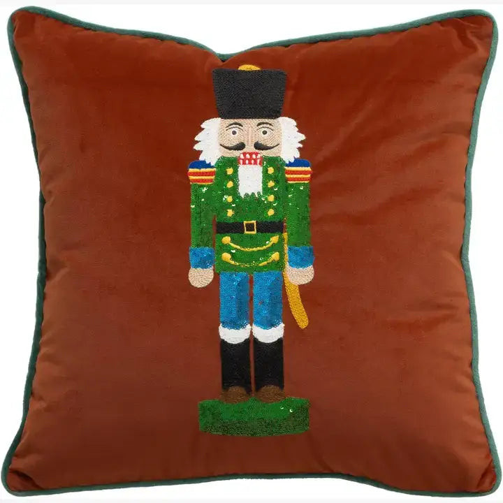 Brown Embroidered Nutcracker Velvet 18" Throw Pillow | Teggy French