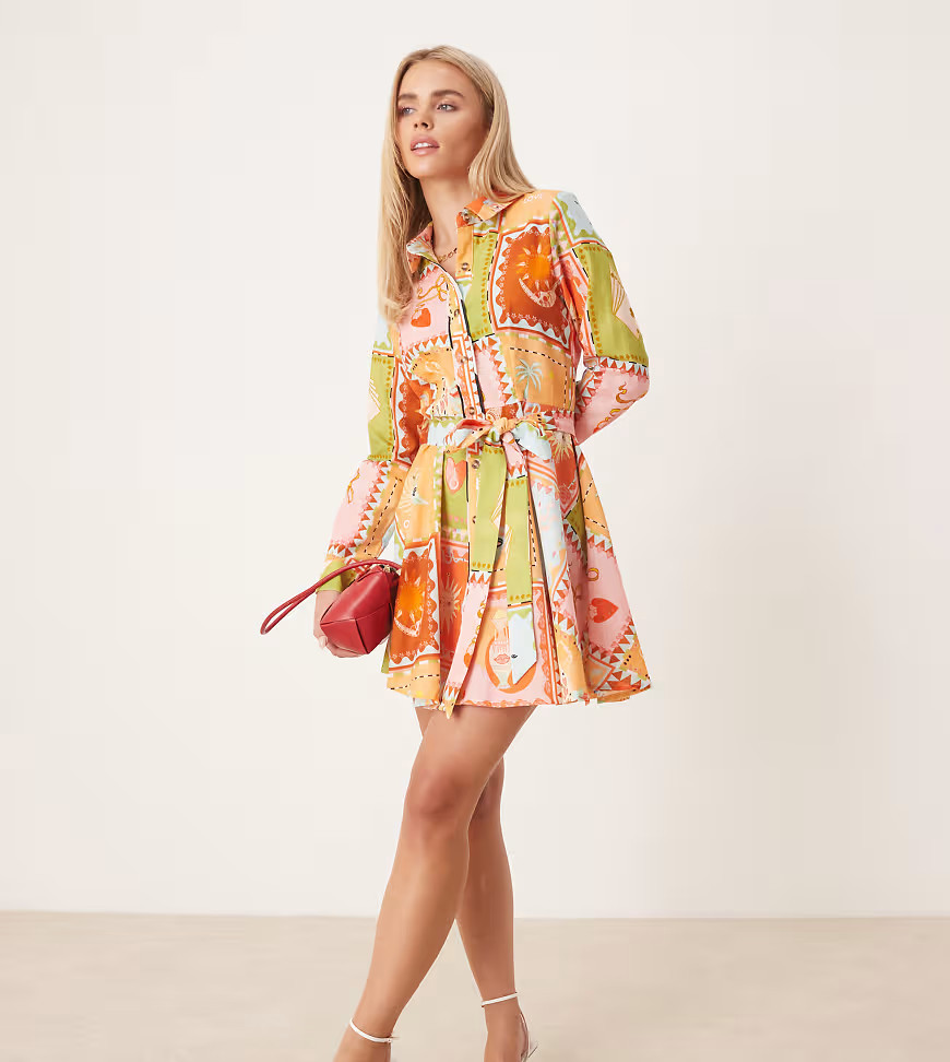 Never Fully Dressed Petite mini shirt dress in patchwork print-Multi | ASOS (Global)