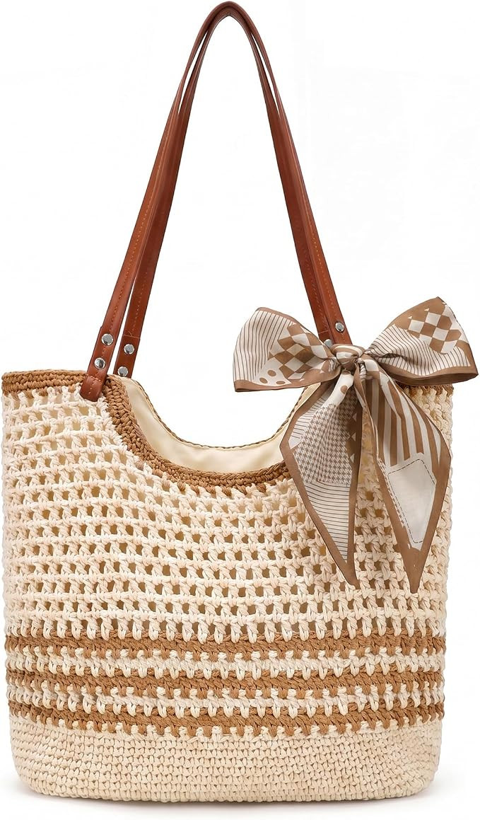 XZQTIVE Summer Khaki Beach Crochet Bags for Women Knit&Straw Woven Tote Soft Fabric Boho Shoulder... | Amazon (US)