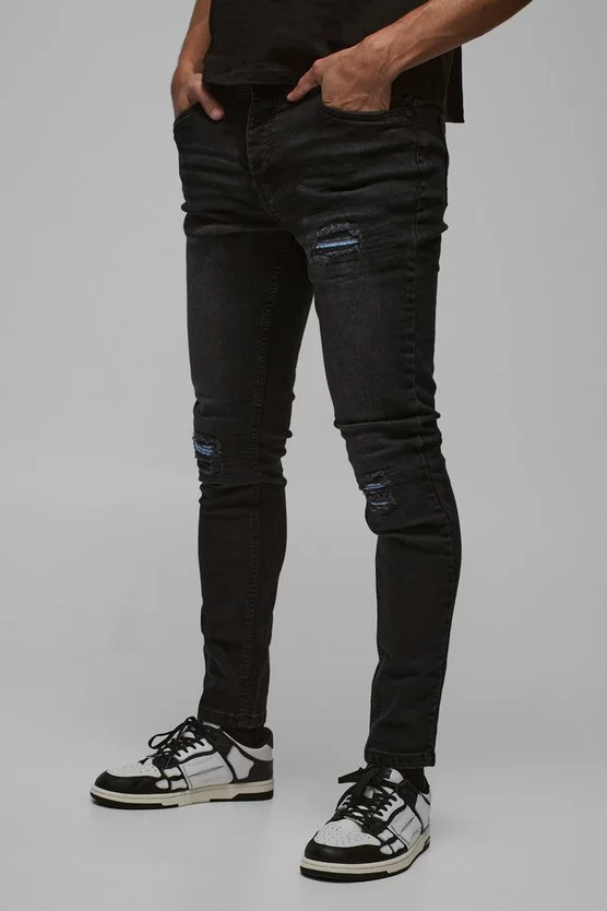Skinny Stretch True Black Pu Biker Rip & Repair Jeans | boohooMAN (US & Canada)