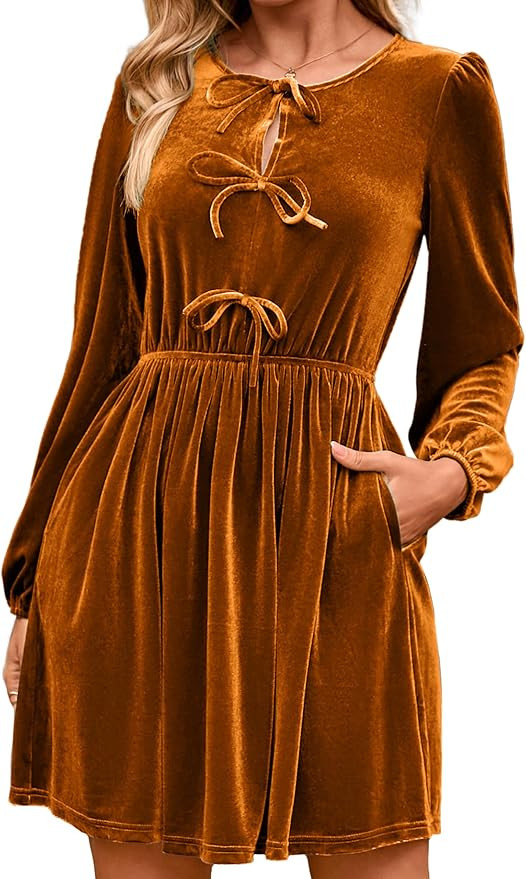 Simplee Womens Fall Velvet Dress Long Sleeve Bow Tie Front Babydoll A Line Cocktail Party Christm... | Amazon (US)