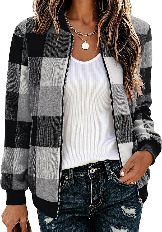 Zeagoo Jackets for Women 2026 Lightweight Bomber Jacket Plaid Flannel Coat | Women Fall Clothes, ... | Amazon (US)