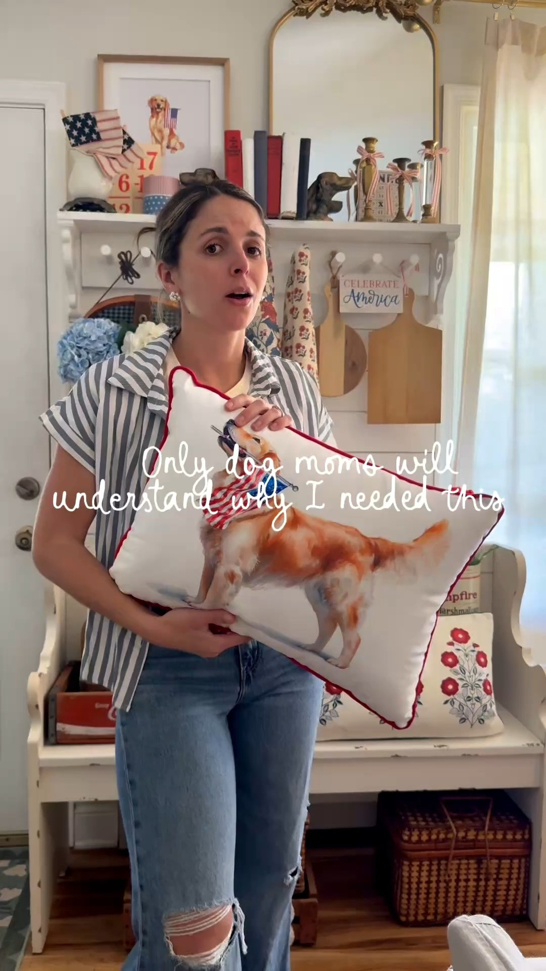 Only dog moms will understand this one 🐶🇺🇸 If your pups somehow influence every decorating decision, same 😂 Sharing this cozy patriotic shelf styling idea featuring dog mom decor, cottage-style summer decorating, and charming Americana accents. Perfect if you love cozy cottage decor, vintage-inspired home styling, patriotic decorating ideas, and dog-themed home decor.

#dogmomdecor #patrioticdecor #cozycottage #summerhomedecor #americana decor
