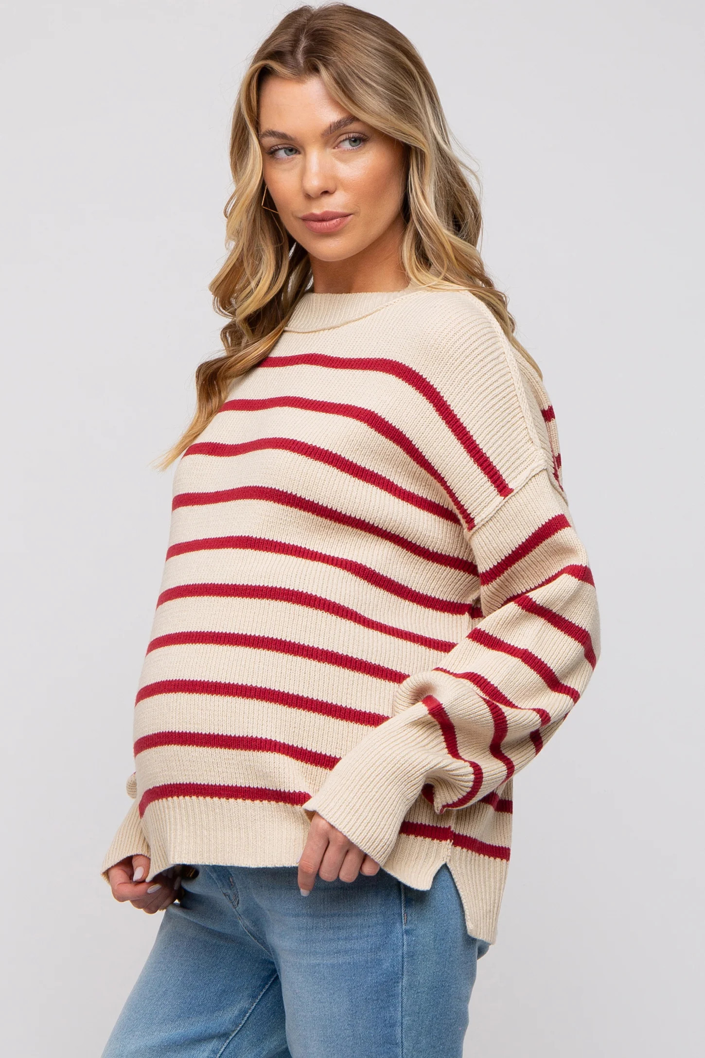 Beige Striped Long Sleeve Knit Maternity Sweater | PinkBlush Maternity