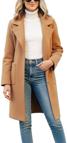 Omoone Women's Winter Wool Blend Coat Notch Lapel Mid Long Single Breasted Pea Coat Jacket Outwea... | Amazon (US)