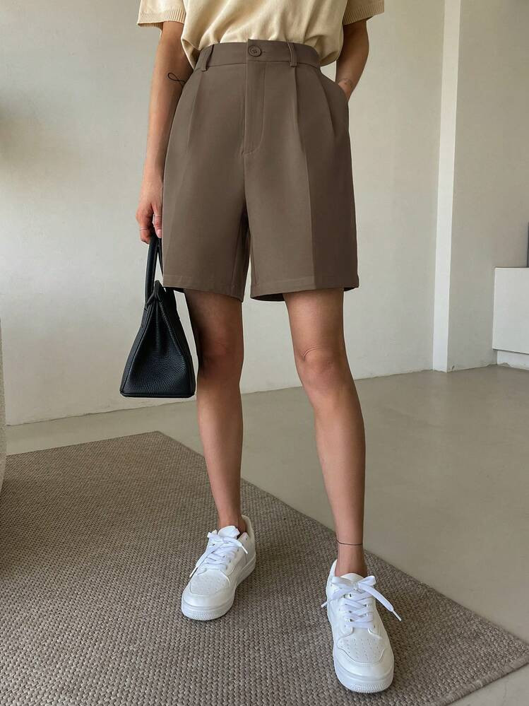 DAZY Short Bermuda Plissé Ample De Couleur Unie Pour Femmes, Vêtements D'automne | SHEIN