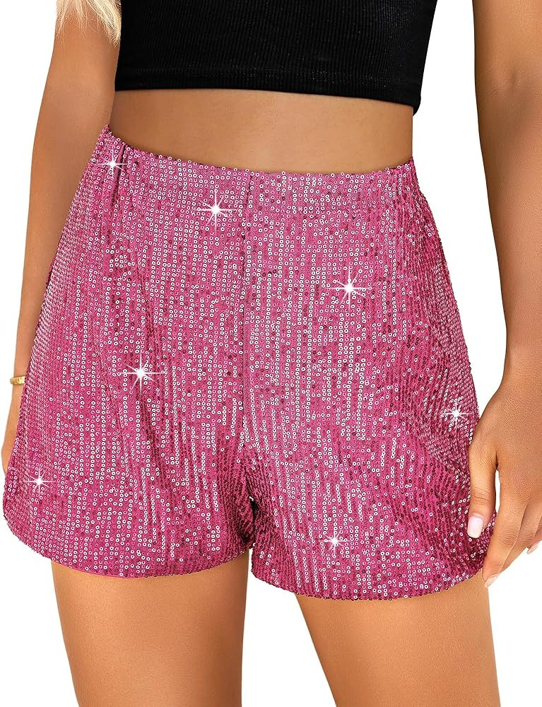 luvamia Sequin Shorts for Women Trendy High Waisted Stretchy Pull On Glitter Sparkly Short Holida... | Amazon (US)