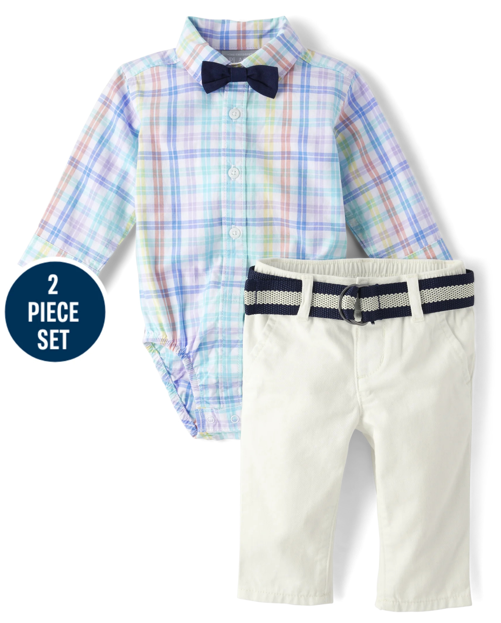Baby Boys Dad And Me Long Sleeve Rainbow Gingham Poplin Bodysuit And Twill Woven Chino Pants 2-Pi... | The Children's Place