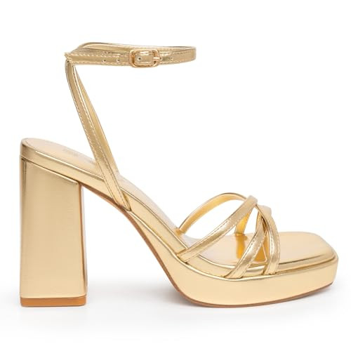 Trary Gold Heels, Square Toe Gold Shoes for Women Dressy, Gold Heel Strappy Heels for Women, Chunky Heels, Gold Platform Heels, Block Heels for Women, High Heels Wide Feet, Sandal Heels, Thick Heels | Amazon (US)