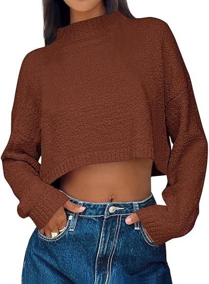 LILLUSORY Women's Cropped Sweaters 2023 Fall Winter Mock Neck Long Sleeve Fuzzy Knit Oversized Pu... | Amazon (CA)