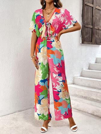SHEIN VCAY Floral Print Knot Front Wide Leg Jumpsuit | SHEIN