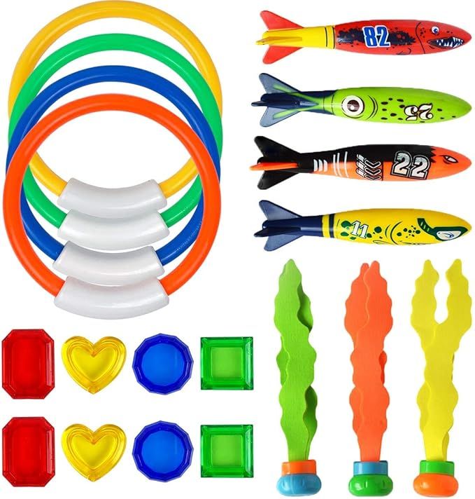BLUELF 19pcs Diving Pool Toys Underwater Sinking Swimming Pool Toy for Kids Includes Diving Rings... | Amazon (US)